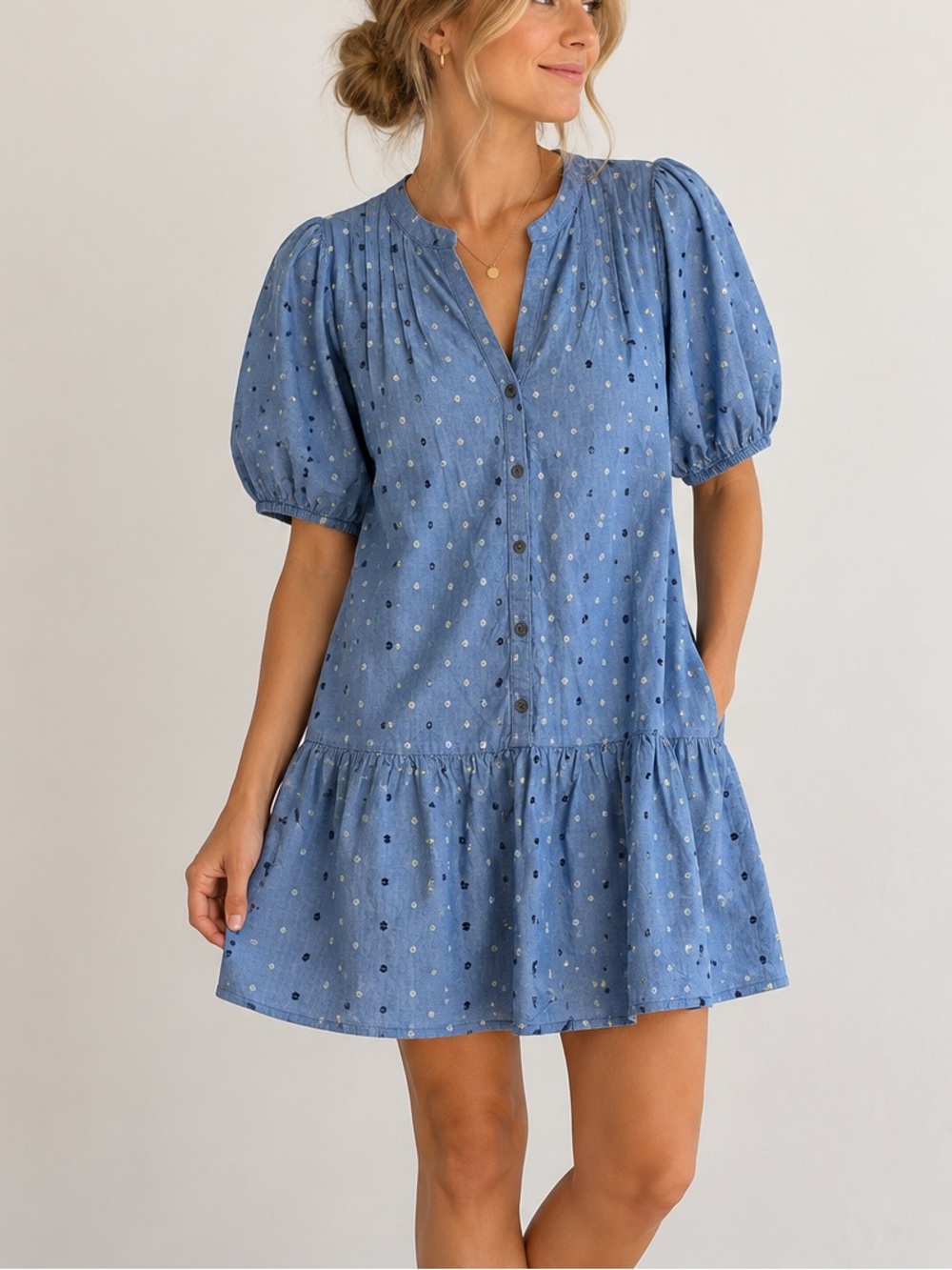 LOFT Chambray Embroidered Dot Tiered Shirtdress Blue Puff Sleeve Large